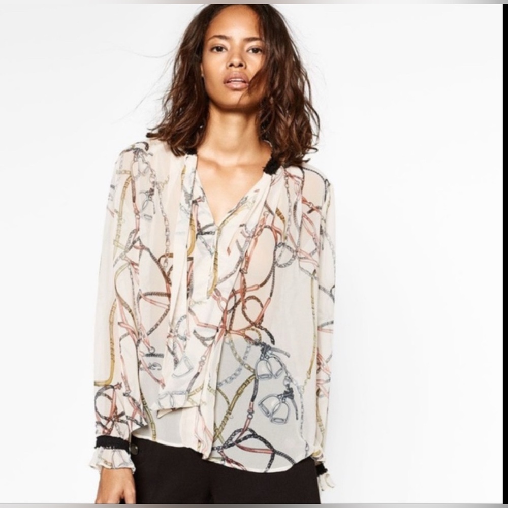 Zara Basic Long Sleeve Necktie Equestrian Designs Top
